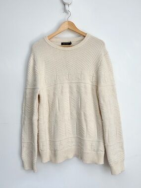 Nautica - Cream Textured Anchor Knit Sweater - Preppy Cotton Wool Blend - Size L